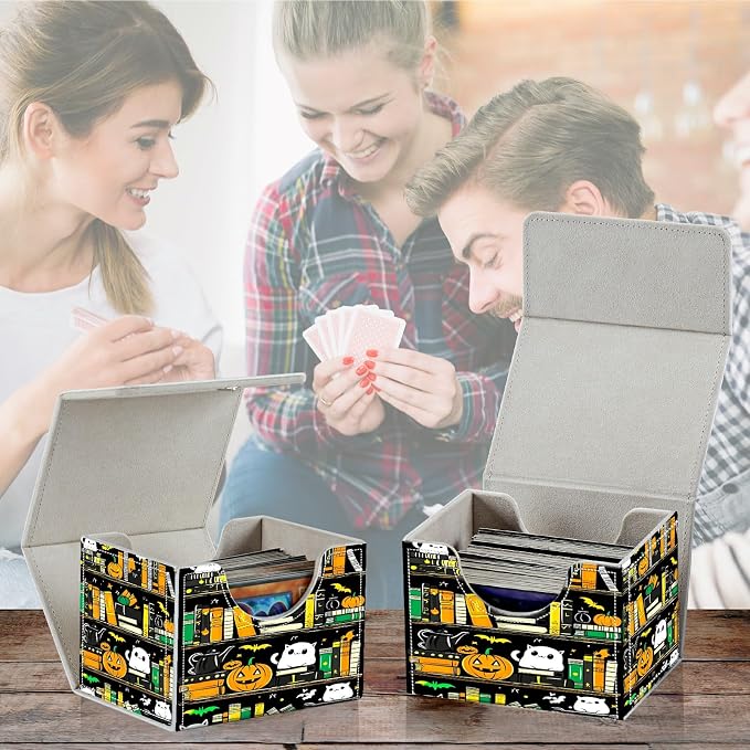 Card Deck Box for MTG, Cards Storage Box Fits 120+ Sleeved, Leather Small Size Strong Magnetic Closing Card Case for Board Games Magic TCG CCG Baseball Collection, Pumpkin Books