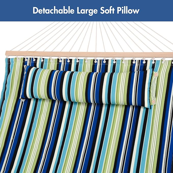 ANOW Double Hammock with Stand 12FT Included, Heavy Duty Hammock with Stand for Outside, 450 LBS Weight Capacity, Green & Blue Stripe
