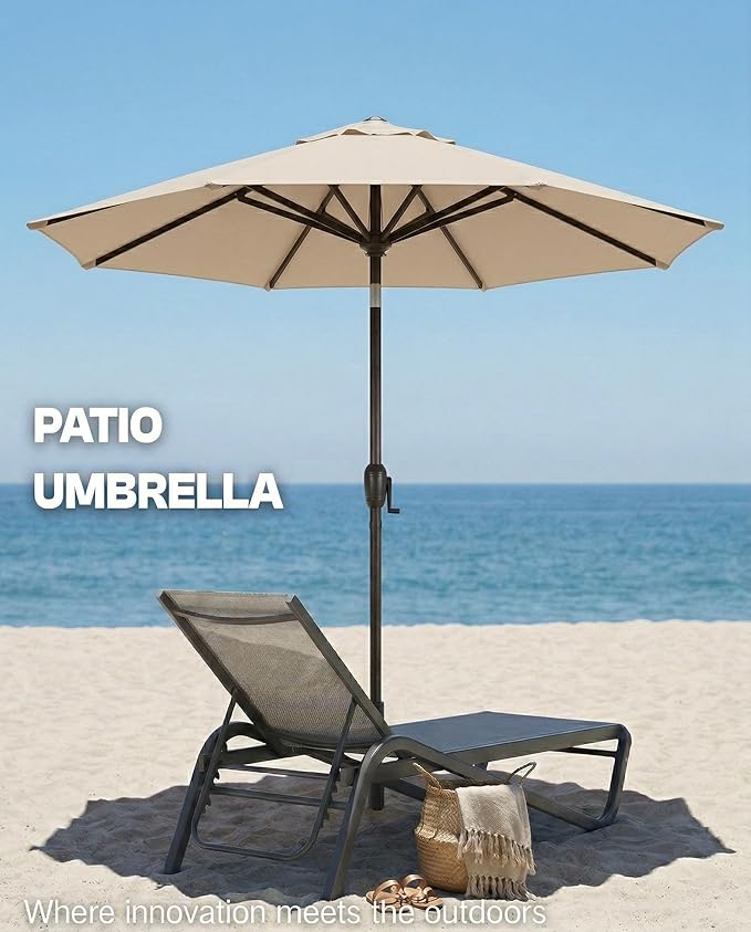 PatioKingdom Auto-Tilt 9FT Patio Umbrella Outdoor with 8 Sturdy Fiberglass Ribs,Market Table Umbrella for Pool,Backyard,Deck and Garden
