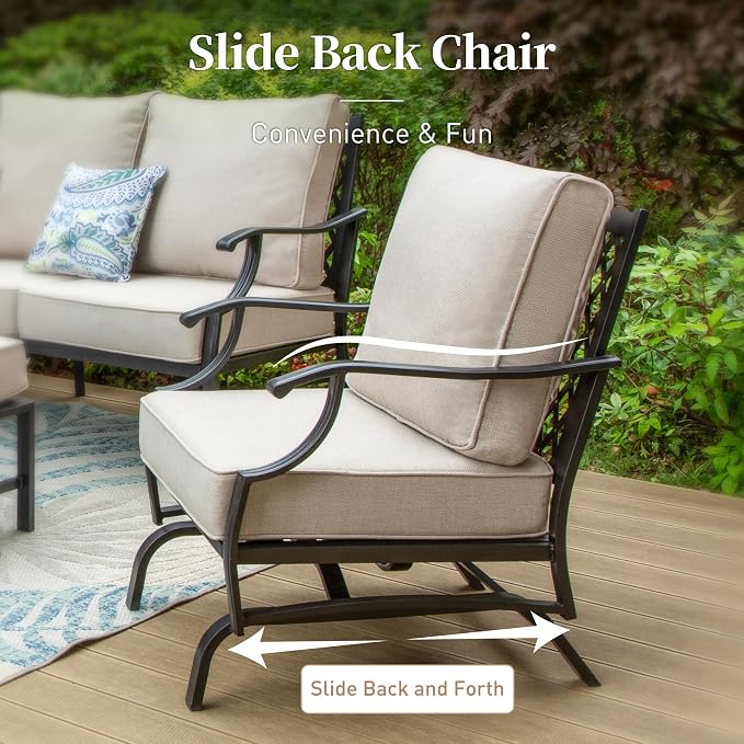 SUNSHINE VALLEY Patio Furniture Set with Firepit Table, Metal Outdoor Patio Furniture, 2 Rocking Chairs, 3 Seater Sofa, 2 Ottomans with 5.75" Extra Thick Cushion and Gas Firepit Table for Backyard
