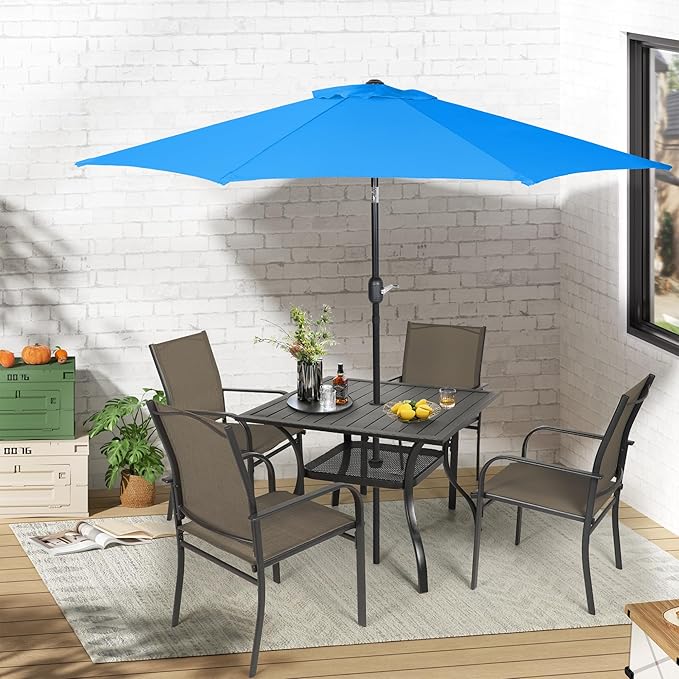 Crownland 5 Piece Patio Dining Set, Outdoor Textilene Dining Sets, 4 Textilene Metal Chairs and Square Outdoor Dining Table with Sky Blue 9FT Round Outdoor Umbrella (Brown)