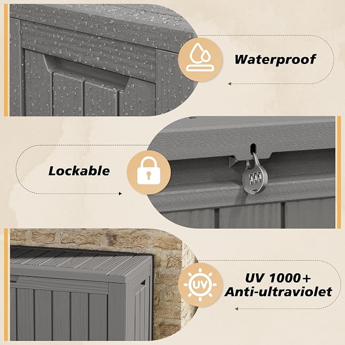 Fancyango 90 Gallon Outdoor Deck Box Waterproof, Large Storage Box for Patio, Resin Storage Bench Lockable for Garden Tools, Package Delivery, Grey