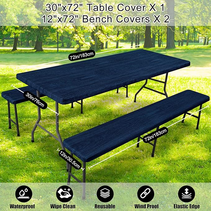 Smiry Picnic Table Cover with Bench Covers, Waterproof Elastic Fitted Tablecloth for 6 Foot Tables, Washable Polyester Tablecloths for Camping, Indoor & Outdoor (Navy & Black, 30x72 Inch 3-pc Set)