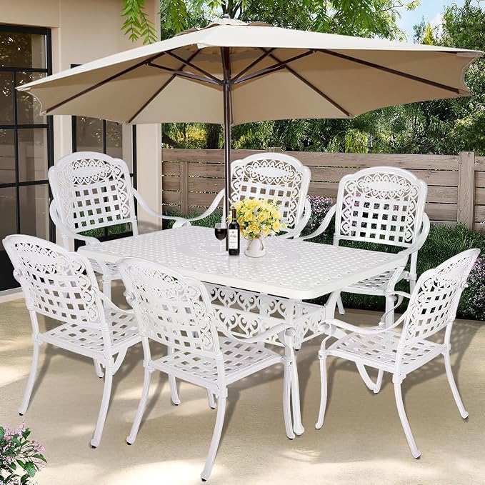 7-Piece Outdoor Patio Dining Set, 60” Rectangular Cast Aluminum Dining Table with Umbrella Hole and 6 Outdoor Dining Chairs, Patio Funiture Set for Backyard, Patio, Garden, White