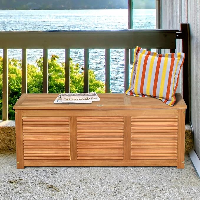 Byroce 46 Gallon Acacia Wood Deck Box, Outdoor Storage Bench for Patio | FSC acacia wood, teak oil finish, 46 gallon, 355 lbs, shutter front, metal hinges, ventilated slat sides, for patio garden