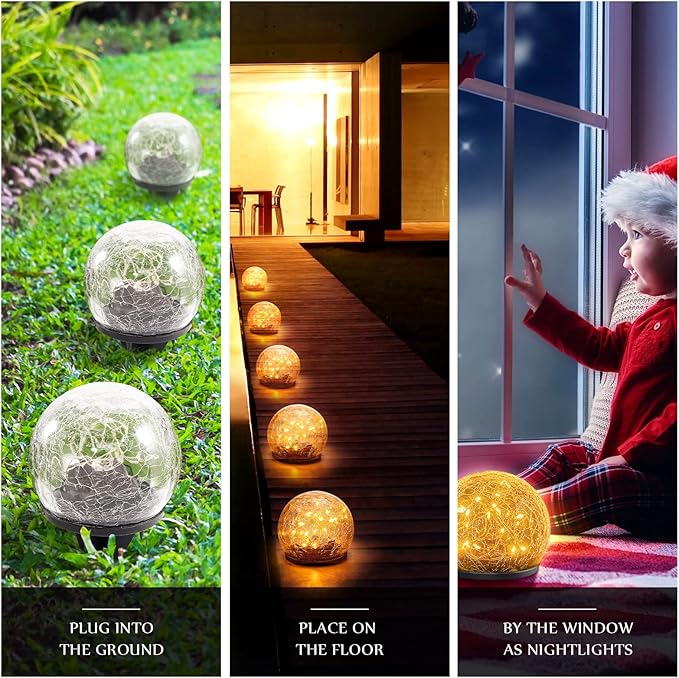 Honoson 6 Inch Solar Globe Lights Outdoor - Waterproof Cracked Glass Balls for Lawn Patio Yard Backyard Decorations, Warm White Solar LED Lights with Easy Installation,Durable Design (4 Pcs)