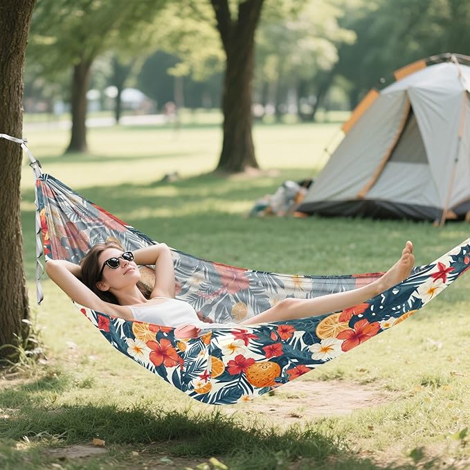 Camping Hammock Outdoor Hammocks for Outside Orange Hibiscus Flower Beach Trees Portable Lightweight with Pockets Tree Straps Indoor