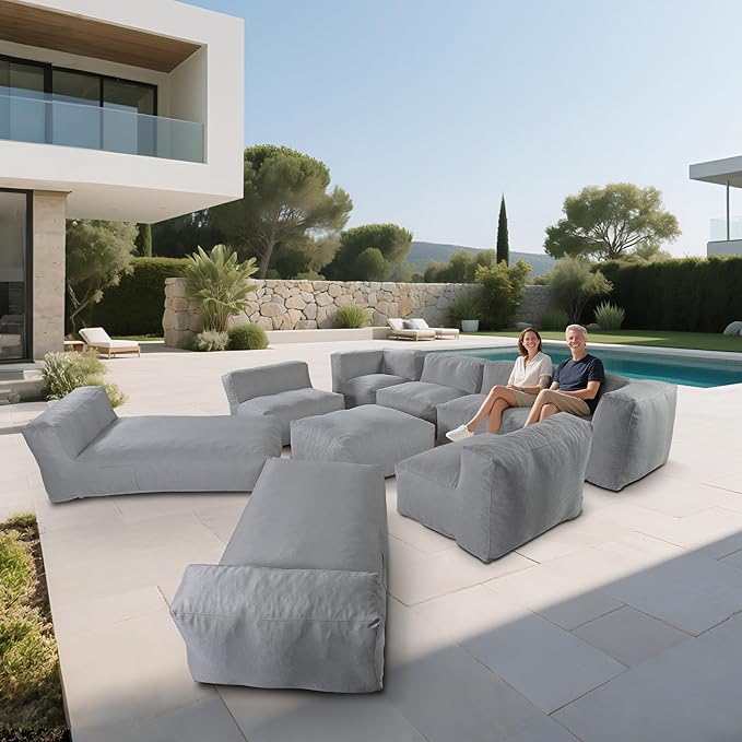 Patio Furniture Set, 9 Pcs Outdoor Conversation Set with Bean Bag Middle Chairs, Corner Chair, Ottomans, Modern Foam Couch Set for Garden, Deck, Balcony (9, Deep Gray)
