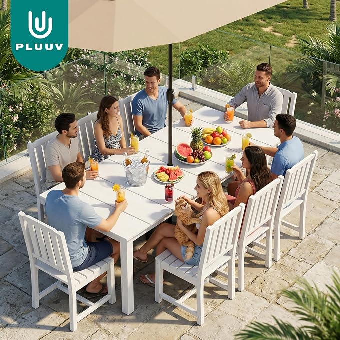 PLUUV Outdoor Dining Set for 8 Person, HDPE Large Table with Aluminum Legs and 8 Armless Chairs, All-Weather Patio Dining Furniture Set with Umbrella Hole for Backyard, Garden, White