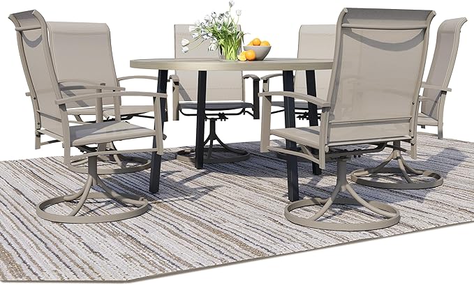 7 Piece Outdoor Patio Dining Set for 6, 47" Honey Oak Round Metal Table with 6 Ivory Beige Swivel Chairs, All-Weather Outdoor Furniture Set for Backyard, Lawn, Deck, or Poolside