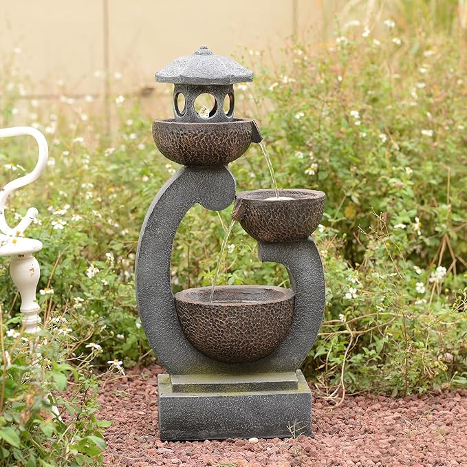 Outdoor Water Fountain with LED Lights, 3-Tier Zen Garden Fountain for Patio, Yard & Porch Decor – Durable Resin Waterfall Feature with Modern Japanese-Style Design, 35” Tall