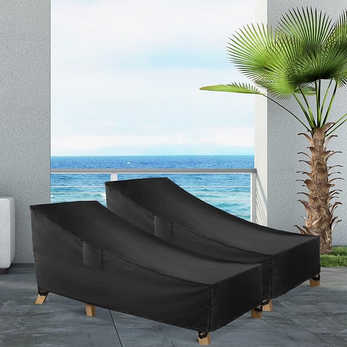WLEAFJ Patio Chaise Lounge Cover Waterproof, Heavy Duty Outdoor Lounge Chair Covers, Black Durable Patio Furniture Covers, 70L x 32W x 30H inch - 2 Pack