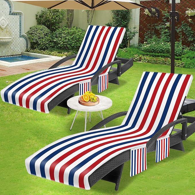 Lounge Chair Towel Cover, Beach Chair Covers (Pack of 2), Chaise Lounge Cover with 3 Pockets for Pool Beach Garden Courtyard Outdoor Trips, 85 x30 in, Striped Dark Blue Red