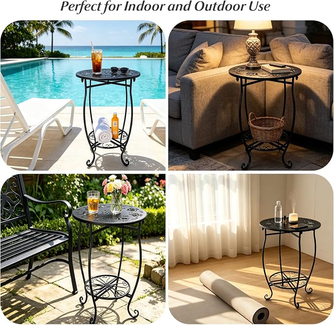 Fashion&cool 25" Outdoor Side Table, 2-Tier Round Metal Patio End Table, Heavy Duty Rust-Proof Coffee Table for Outside, Space Saving Balcony Sofa Small Table for Living Room Garden Deck, Black