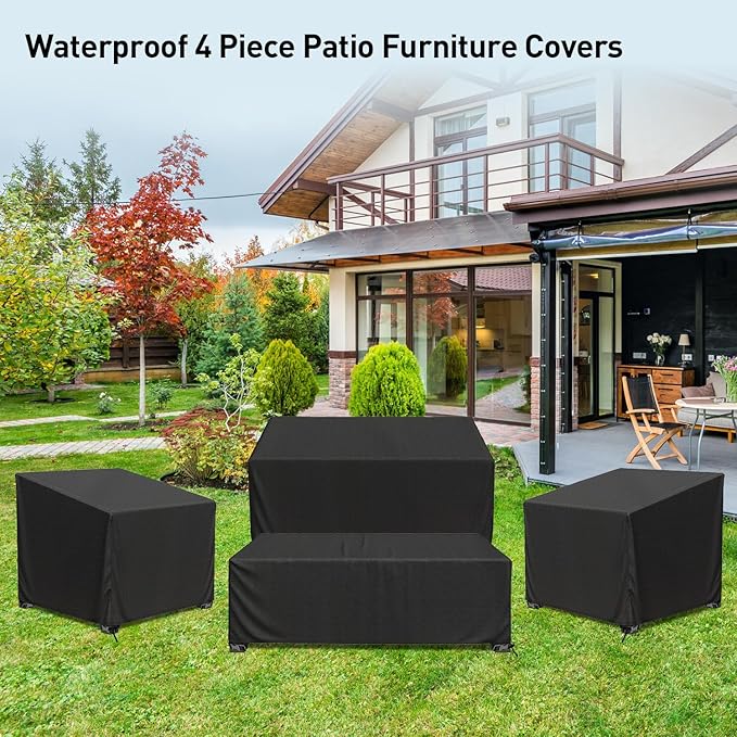 Patio Furniture Covers, 4 Piece Heavy Duty Waterproof Outdoor Furniture Cover with Windproof Buckle Strap, Rattan Wicker Patio Furniture Set Cover for Chair Sofa Black (Black, X-Large)