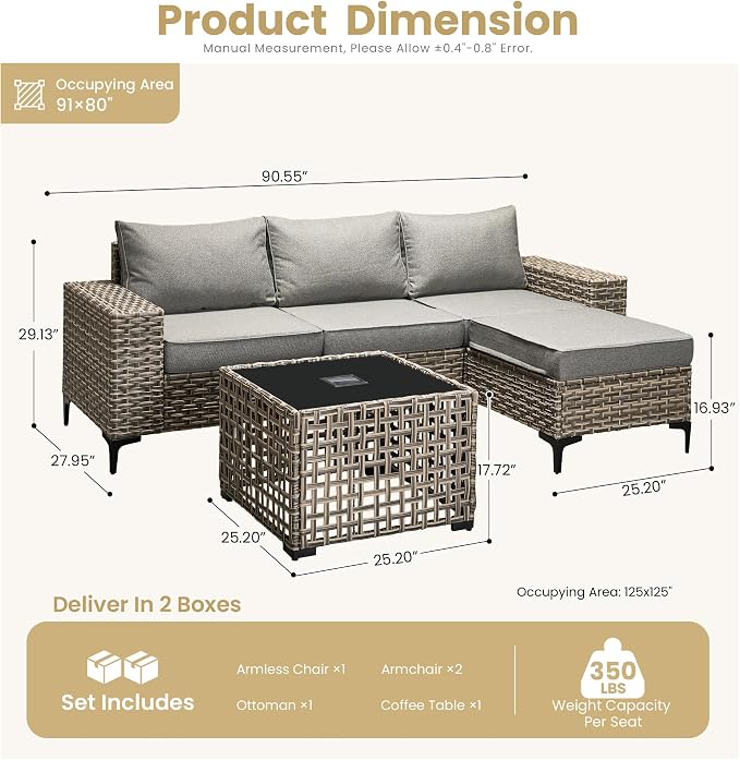 HOOOWOOO 5 Pieces Patio Furniture Set,L Shaped Outdoor Sectional Couch with Solar Table, Pe Wicker All Weather Outside Conversation Sofa Ottoman Set,Charcoal Gray