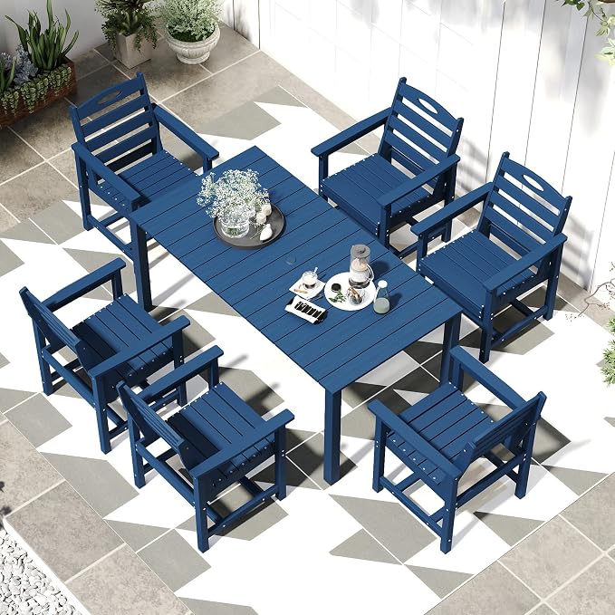 Domi HDPE Outdoor Dining Set, All-Weather 7 Piece Outdoor Dining Table Set with 2" Umbrella Hole, Outdoor Patio Dining Set for Garden, Poolside, Backyard, Deck, Blue
