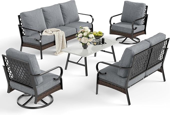 SUNSHINE VALLEY 5 Piece Metal Outdoor Patio Furniture Set, Patio Conversation Set with 1 3-Seater Sofa, 2 Swivel Sofa, Coffee Table - Black & Gray
