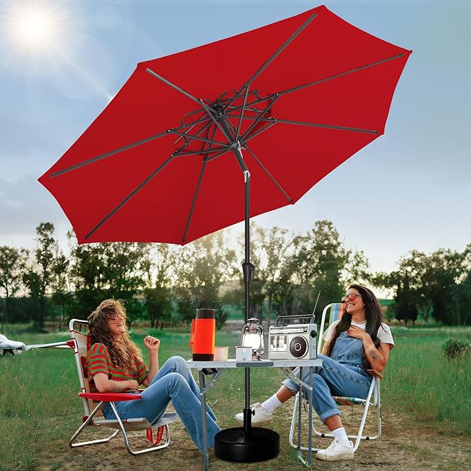 FLAME&SHADE 2 Tiers 9ft Solar Light Patio Umbrella, 40 LED lights outdoor umbrella with Centre Surround Light, Table Market Umbrella for Deck, Pool, Porch, Backyard, Garden (Red)