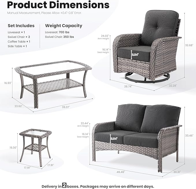 ovios 5-Piece Patio Furniture Set, Outdoor Wicker Sofa with Swivel Chairs Coffee Table, High Back Rattan Couch Loveseat with Comfy Cushions for Porch Yard Deck, Black