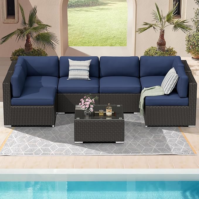 8 Pieces Outdoor Patio Furniture Set with Waterproof Cover, Black Brown Wicker Patio Sectional Sofa Set, Outdoor Couch with Cushion and Tempered Glass Table, Dark Blue
