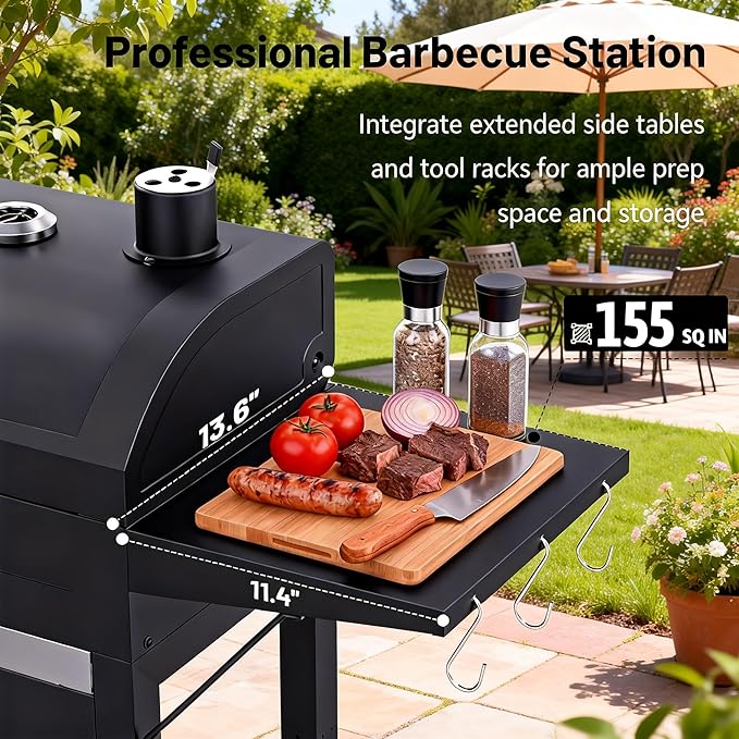 Charcoal Grills with Two Side Tables, 20-In Outdoor Smoker Barrel BBQ Grill with 334 Sq. In Cooking Area for Camping, Patio,Backyard Party, Picnic, Black
