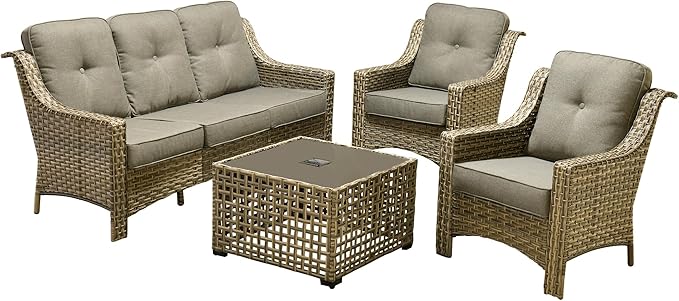 Outdoor Patio Furniture Sets, 4 PCS Patio Conversation Set Outside Rattan Sofa with Solar Light Coffee Table Comfy Cushions Fit Backyard Porch Garden Poolside Balcony,Dark Grey