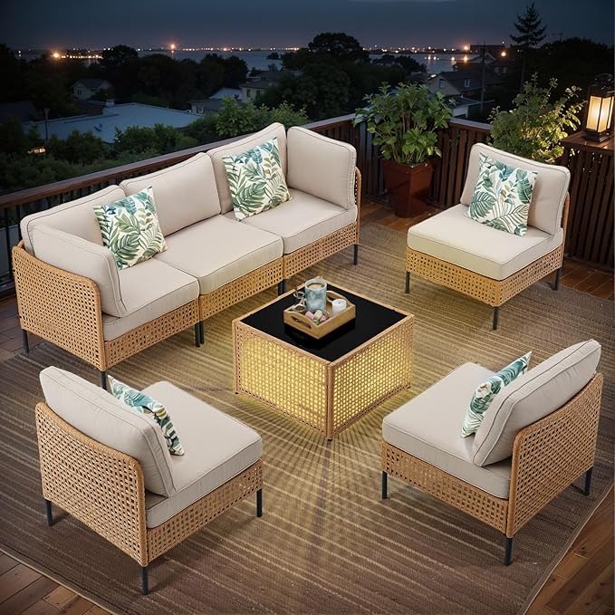 Belord Large Outdoor Sectional 7-Piece, Boho Patio Sets for Outside with Coffee Table, All-Weather Waterproof Wicker Patio Furniture
