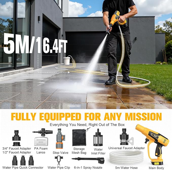 DIYtoolifz Car Cleaning Tools Compatible with Dewalt 20V Batteries, 600W Brushless Motor, 6-in-1 Nozzle & Foam Cannon for Car, Patio, Fence (Tool ONLY — Battery NOT Included)