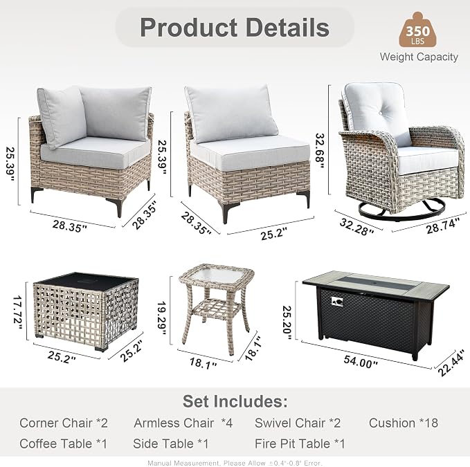 Outdoor Sectional Patio Furniture Set with Fire Pit Table,11 Pieces Rattan Wicker Conversation Sets L Shaped Couch,Out Door Furniture with Swivel Chairs Glowing Coffee Table,Light Grey