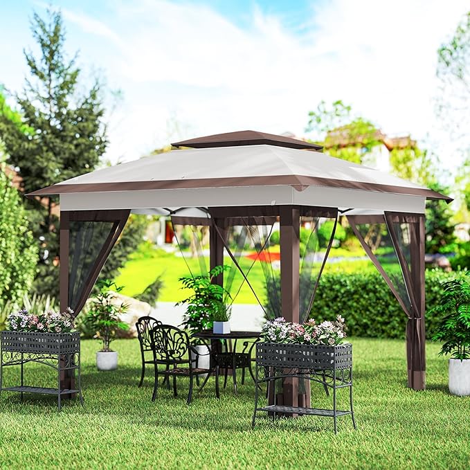 Outsunny 12' x 12' Pop Up Canopy Tent with Netting and Carry Bag, Instant Sun Shelter with 137 sq.ft Shade, Tents for Parties, Height Adjustable, for Outdoor, Garden, Patio, Beige and Brown