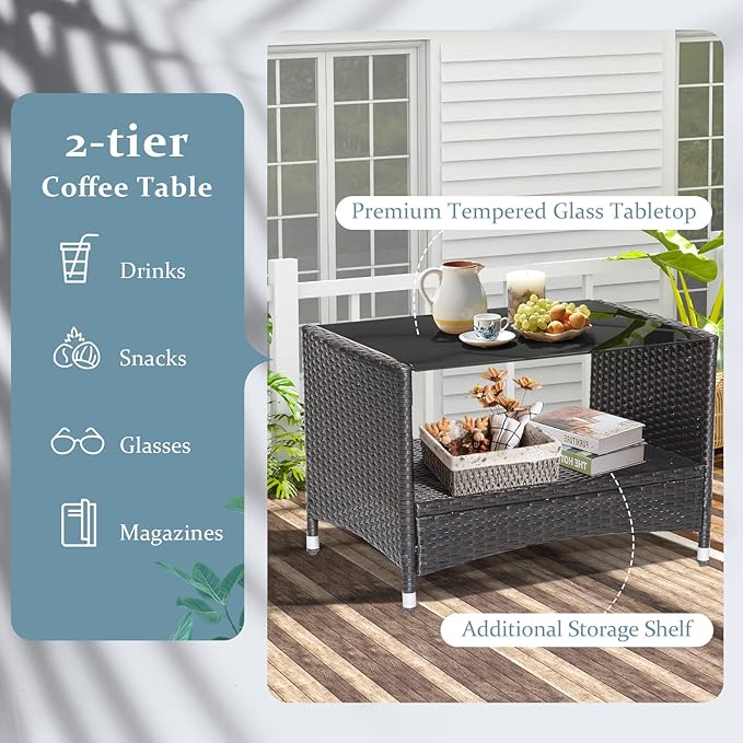 Tangkula 8 Pieces Patio Furniture Set, Patiojoy Outdoor PE Wicker Conversation Set with Soft Cushions and Tempered Glass Tabletop, Outdoor Garden Furniture Set with 2-Tier Coffee Table (2, Brown)