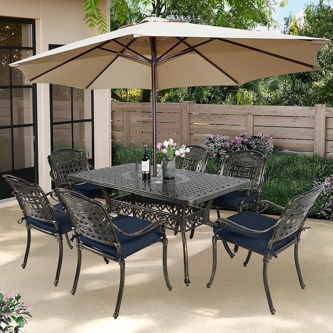 7-Piece Outdoor Patio Dining Set, 60” Rectangular Cast Aluminum Dining Table with Umbrella Hole and 6 Outdoor Dining Cushioned Chairs, Patio Funiture Set for Backyard, Patio, Garden, Navy