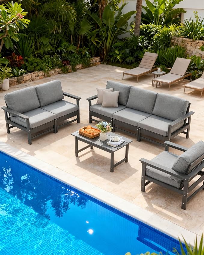 HDPE Outdoor Patio Furniture Set with Cushions, 9 Piece Patio Conversation Set Sofa Set,All Weather Outdoor Couch Set with Coffee Table for Lawn, Garden, Deck