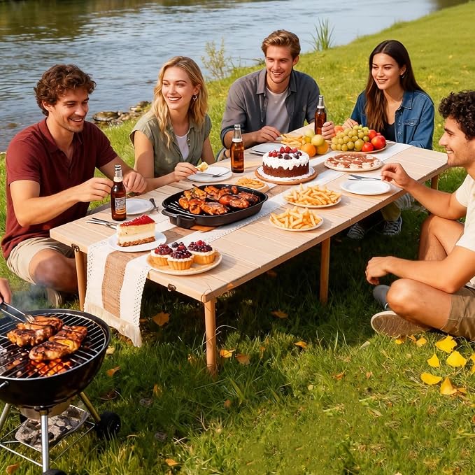 60"x30" Low Folding Picnic Table, Portable Boho Floor Table with Tablecloth, Ideal for Camping, Wedding, Beach, Garden, Party