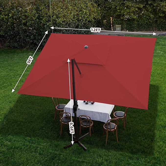 9 X 12 FT Cantilever Outdoor Patio Umbrella with LED Lights Large Heavy Duty 360° Rotation Double Top Offset Rectangular Umbrellas for Backyard Garden Pool Outside Deck, Red
