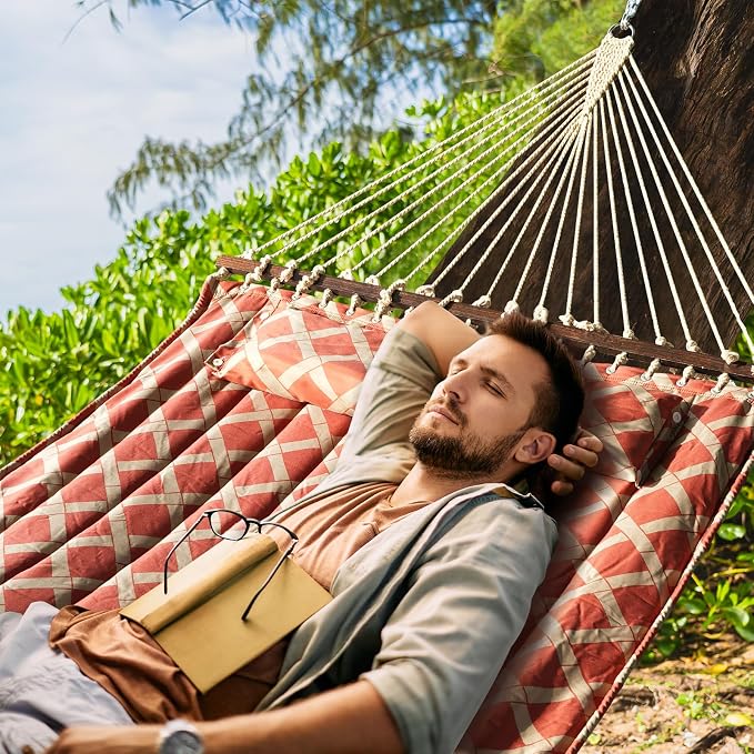 13 FT Tuscan Lattice Sienna/Taupe Quilted Hammock with Spreader Bars,Detachable Pillow and Chains,600lbs Capacity,Two Person Hammock for Outdoor, Patio, Backyard,Tree_Double Hammock