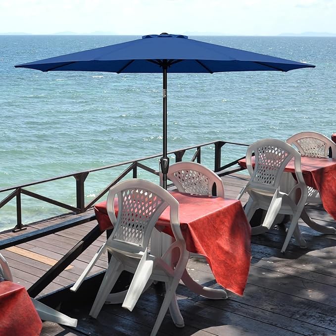 YSSOA 9' Patio Umbrella with 50lbs 20" Capacity Fillable Heavy Duty Round Base, 8 Sturdy Ribs, for Outdoor Lawn, Deck, Poolside, Blue and Black