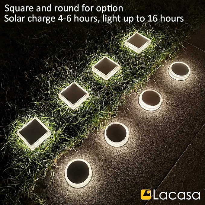 Lacasa Solar Deck Lights Outdoor Waterproof LED Solar Step Lights Driveway Lights, White 4000K, for Garden Yard Patio Pathway, Round, 4 Pack
