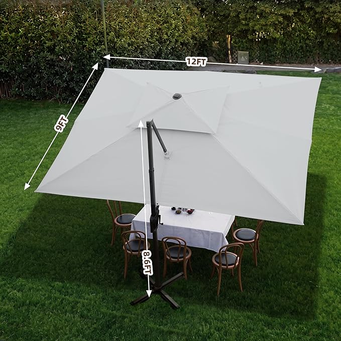 9 X 12 FT Cantilever Outdoor Patio Umbrella with LED Lights Large Heavy Duty 360° Rotation Double Top Offset Rectangular Umbrellas for Backyard Garden Pool Outside Deck, Fog Grey