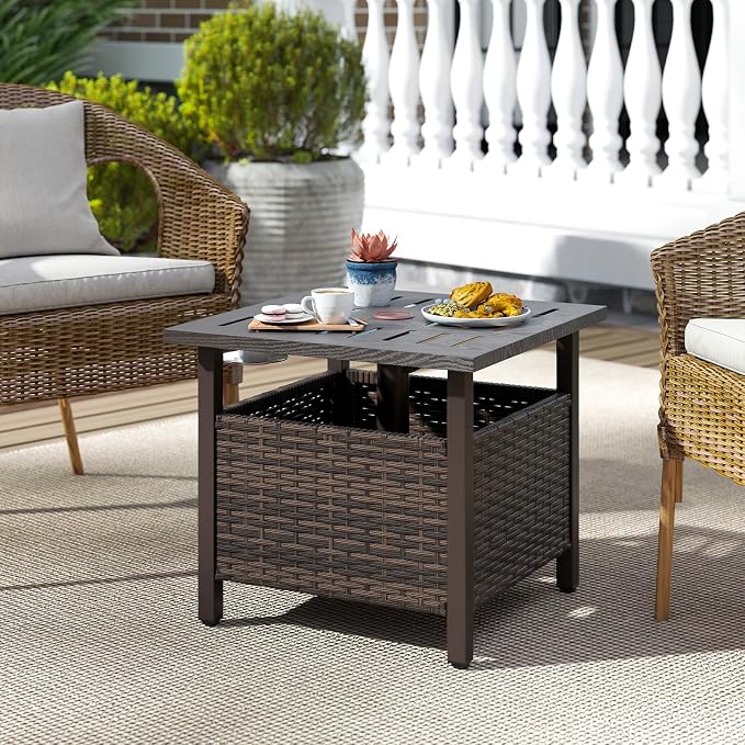 RELAX4LIFE Wicker Outdoor Side Table - Rattan Square Patio End Table with 1.93” Umbrella Hole & Rustproof Frame, Outside Umbrella Stand for Garden Deck Porch Balcony Poolside Backyard