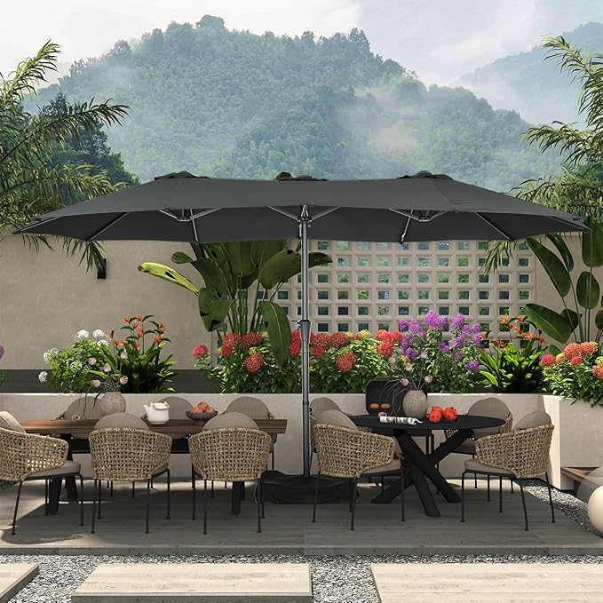 15 ft Patio Umbrella with Base, Large Rectangle Outdoor Umbrella with Matching Stand, Strap, Crank, Black