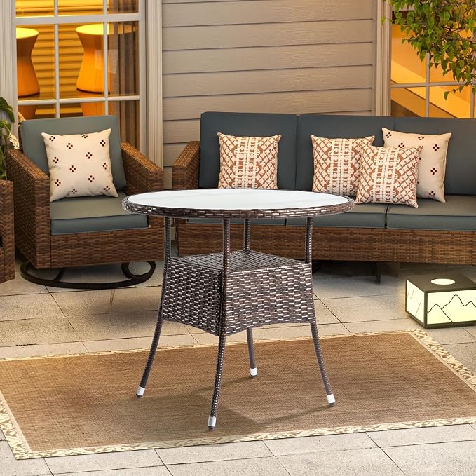 31.7" Round Patio Side Table,Small Outdoor Wicker End Tables,All-Weather Rattan Coffee Table,Bistro Dining Tables,with Glass Tabletop,for Lawn Garden Backyard Deck Porch Poolside Balcony (Brown)