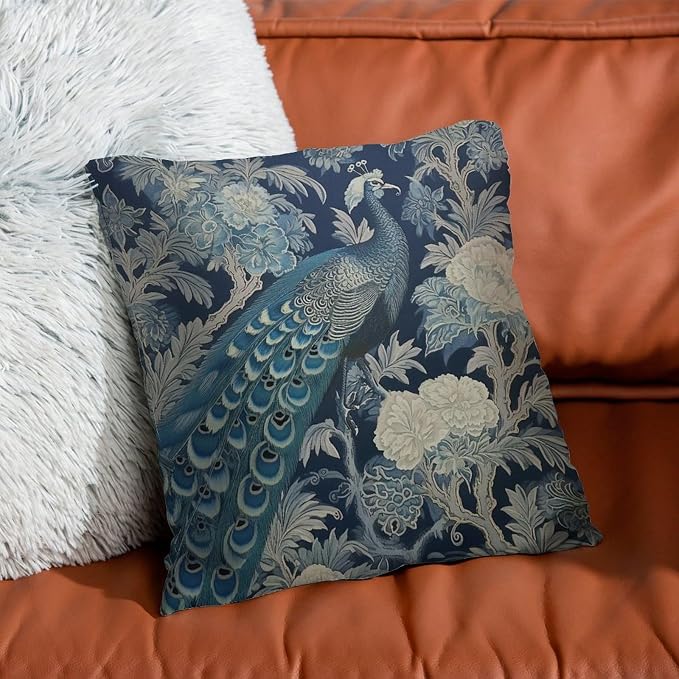 Blue Peacock Chinoiserie Throw Pillow Covers Blue Grey Asian Flower Throw Pillow Cover Farmhouse Farmhouse Decor Pillow for Patio Couch Tent Sofa 22x22 in