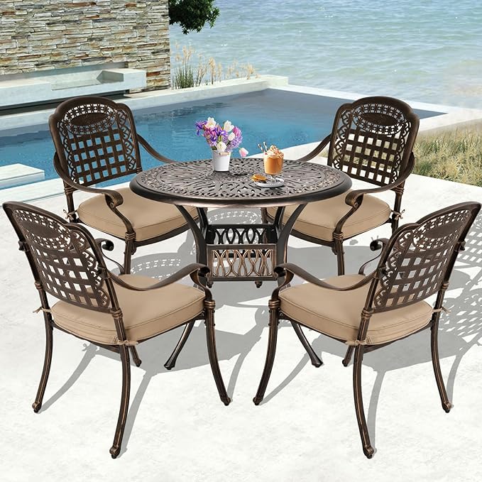 Grepatio 5 Piece Outdoor Dining Set Cast Aluminum Patio Dining Set Table and Chairs Outside Furniture 4 Mesh Dining Chairs with Khaki Cushion and 1 Umbrella Round Dining Table for Lawn Garden Patio