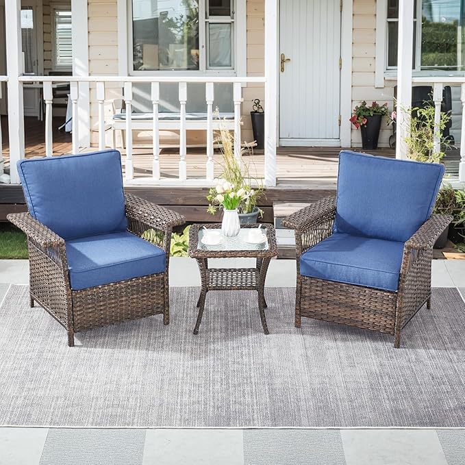 Patio Furniture Set 2 Wicker Patio Chairs with PE Rattan Side Table Set Brown Wicker Blue Cushions Patio Conversation Set 3pcs for Garden Balcony Sunroom Backyard Deck Porch
