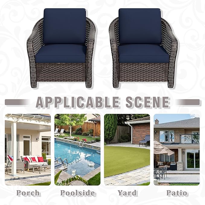 Outdoor Wicker Chair Set of 2, All-Weather Use Patio Rattan Chair with Seat and Back Cushion, Ideal for Porch, Backyard, Balcony, Poolside, Blue
