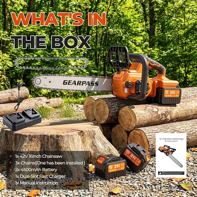42V 16-Inch Cordless Chainsaw with 2x 4.5Ah Battery & Dual Fast Charger, Brushless Electric Chain Saw, Tool-Free Tensioning, Auto Oiling, Chain Brake, for Tree Wood Cutting Yard Work