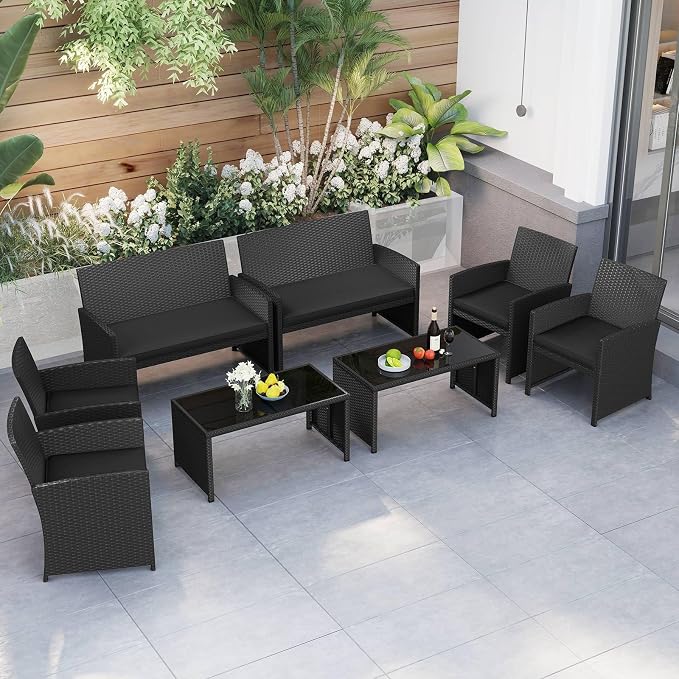 RELAX4LIFE 8-Piece Patio Furniture Set - Wicker Rattan Outdoor Sectional Sofa Set w/Glass Coffee Table, Loveseat, Chairs & Soft Cushions, Bistro Conversation for Garden Porch (2, Black-Black)