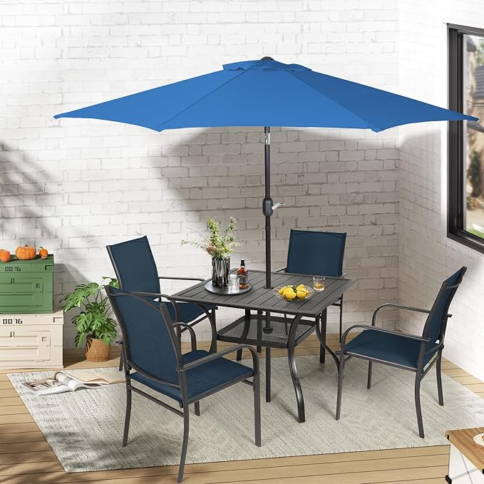 Crownland 5 Piece Patio Dining Set, Textilene Dining Sets, 4 Textilene Metal Chairs and Square Outdoor Dining Table with Dark Blue 9FT Round Outdoor Umbrella (Blue)